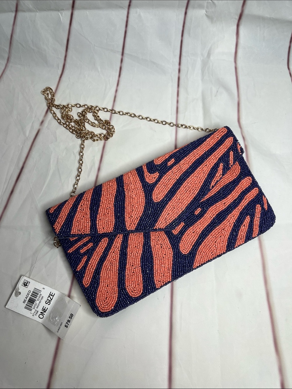 On.34th Beaded Navy and Coral Envelope Clutch with Gold Chain